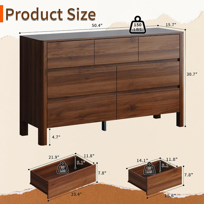 Walnut Dresser for Bedroom, 51" Mid-Century 7 Drawer Dresser with Wide Drawers and Wood Legs, Curved Edge Design, Modern Large Dressers & Chests of Drawers for Bedroom, Hallway.