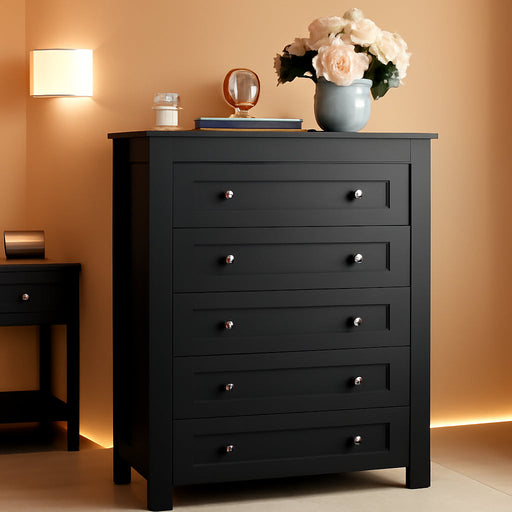 Farmhouse 5 Drawer Dresser for Bedroom, Wood Dresser Storage Organizer, Tall Black Dressers with Double Rustic Handle, Chest of Drawers for Living Room, Hallway, Closet