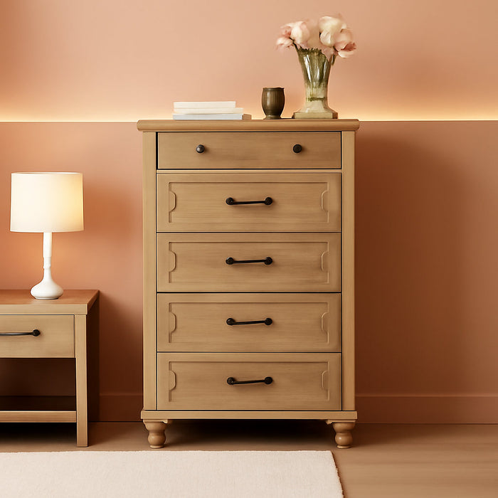 Oak Dresser for Bedroom with 5 Drawers, Tall Kids Dressers with Wide Chest of Drawers, Mid Century Modern Wooden Closet Storage Organizer, Small Dressers for Nursery, Living Room, Hallway