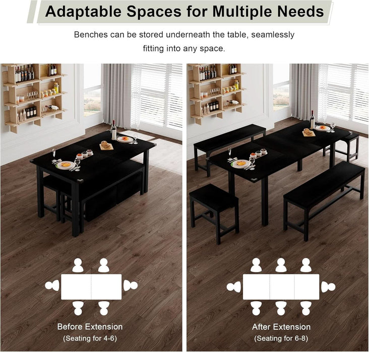 5-Piece Dining Table Set for 4-8 People, 63" Large Extendable Kitchen Table Set with 2 Benches and 2 Square Stools, Dining Room Table with MDF Wood Board, Easy Assembly, Black