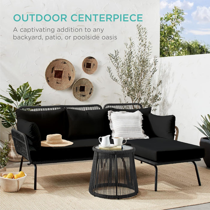 Outdoor Rope Woven Sectional Patio Furniture L-Shaped Conversation Sofa Set for Backyard, Porch W/Thick Cushions, Detachable Lounger, Side Table - Black