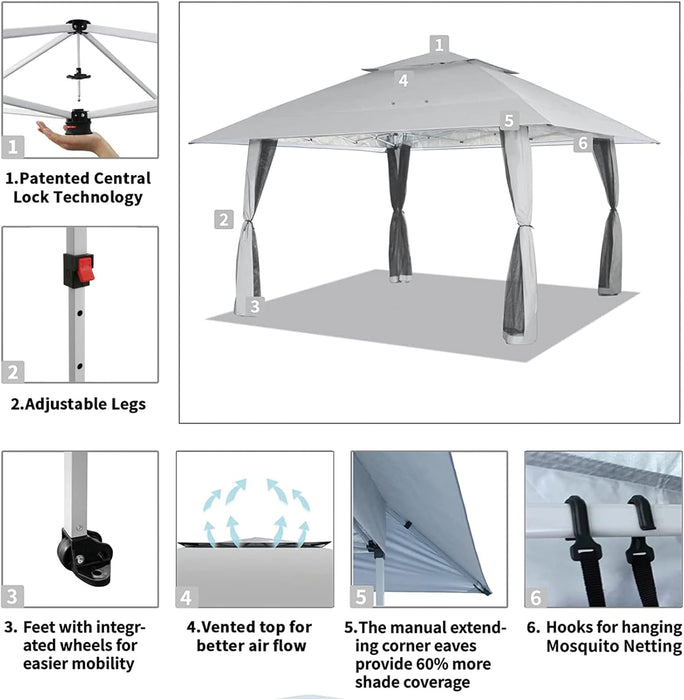 13X13 Pop up Gazebo, Patented One Push Outoor Canopy Tent with Wheeled Sto-N-Go Cover Bag, Pop up Canopy with Netting for Patio, Party, Backyard (13X13, Grey)