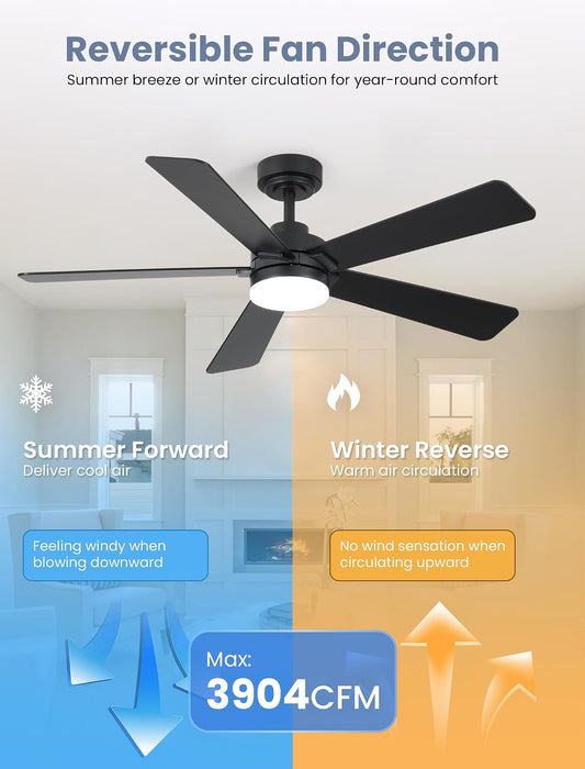 48 Inch Ceiling Fans with Lights and Remote, Downrod Mount, Sloped Ceiling Compatible up to 15°, Quiet Reversible DC Motor, 3CCT Dimmable LED, Black Ceiling Fan for Bedroom Living Room