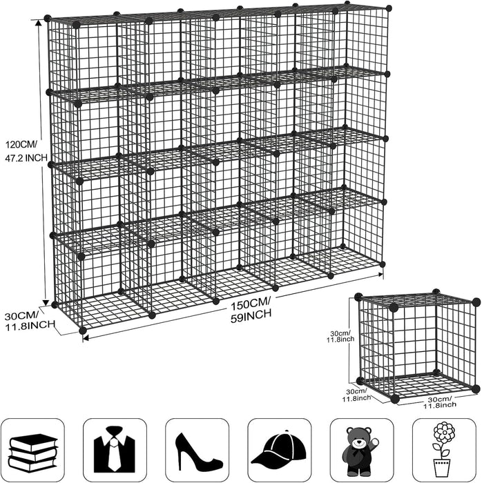 Wire Storage Cubes, Metal Storage Shelves Bookshelf, Stackable Modular Closet Organizer for Bedroom Living Room, Office, Black (20-Cube, Iron)