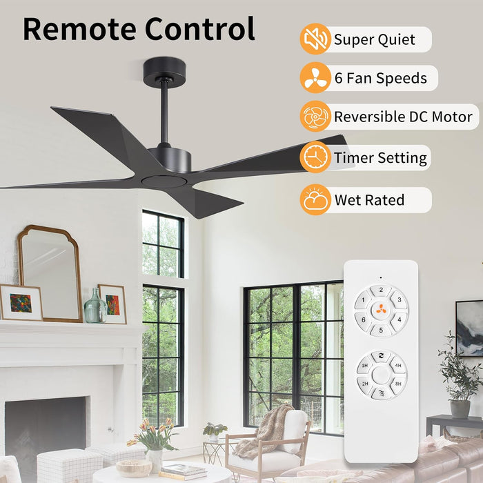 54" Wet Rated Outdoor Ceiling Fan without Lights, 4 ABS Plastic Blades, Reversible DC Motor, 6-Speed Remote Control, Waterproof Ceiling Fan No Lights for Patio Porch Gazebo Garage, Black