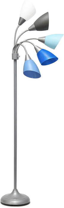 LF2006-SBG 67" Contemporary Multi Head Medusa 5 Light Adjustable Gooseneck Silver Floor Lamp with Blue, White, Gray Shades for Kids Bedroom Playroom Living Room Office