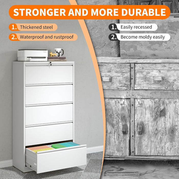 5 Drawer Lateral File Cabinet with Lock,White Metal Filing Cabinet