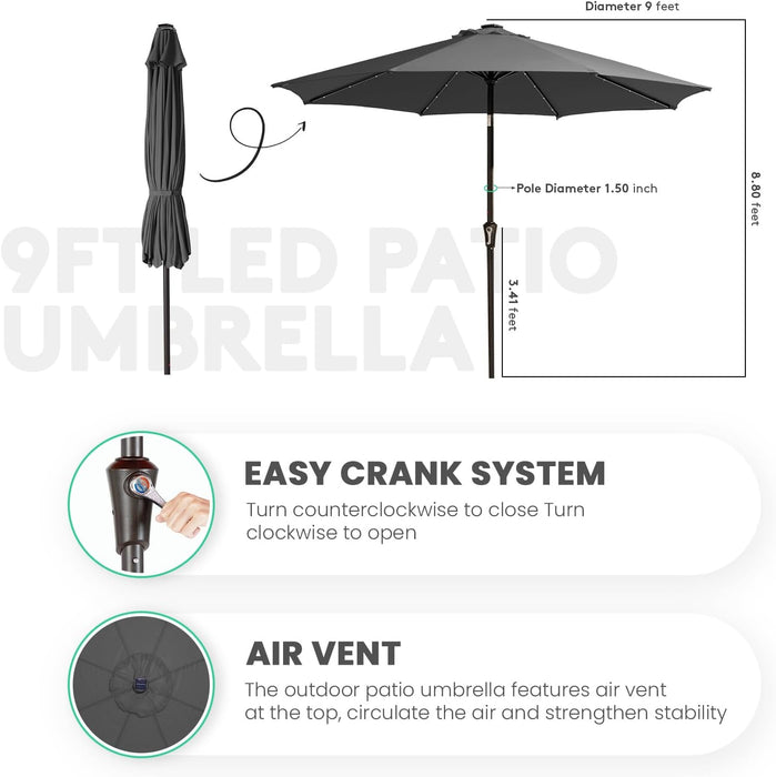 9FT Outdoor Patio Umbrella with Solar Lights, LED Lighted Pool Umbrella with Tilt and Crank, Outdoor Table Umbrellas for Deck, Yard & Market (Dark Gray)