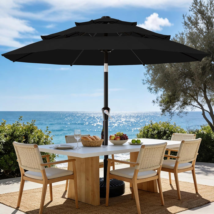 9Ft 3-Tier Patio Umbrellas, Outdoor Umbrella with 8 Sturdy Ribs UV Protection Windproof, Market Table Umbrella W/Push Button Tilt & Crank for Pool, Porch, Deck, Garden(Black)