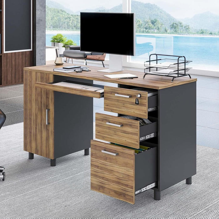 Modern Design Venice Computer Desk with Lockable Drawers, 53 Inch Home Office Desk with Storage Cabinet, Keyboard Tray & Cable Management, Modern Study Writing Desk for Small Spaces, Walnut and Black