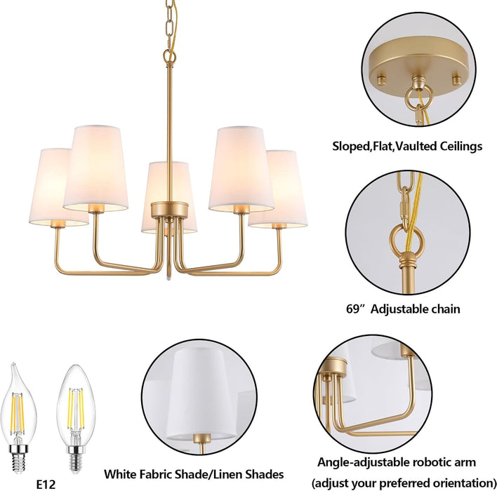 Farmhouse Chandelier, 5-Lights Visual Comfort Gold Light, Muted Gold with White Fabric Shade, Linear Island Lighting Fixture for Kitchen, Dining Room