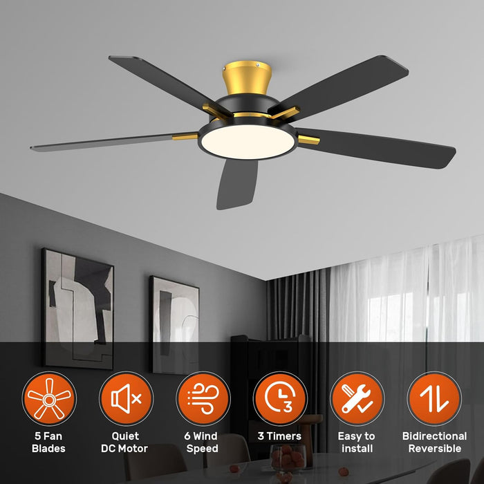 52 Inch Ceiling Fans with Lights and Remote,Ultra Silent Low Profile Ceiling Fan with Three Color Temperature and Dimmable Light with Reversible Blades Black Gold