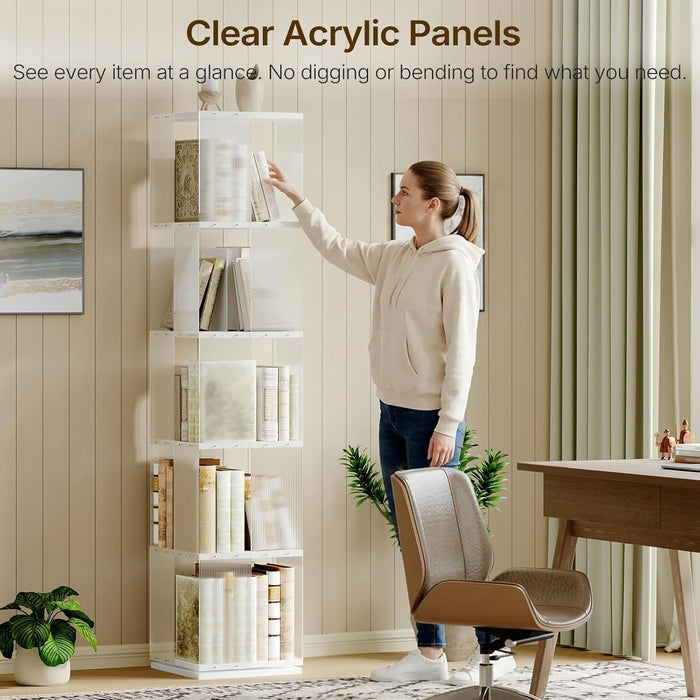 5-Tier Rotating Bookshelf With Clear Acrylic Panels