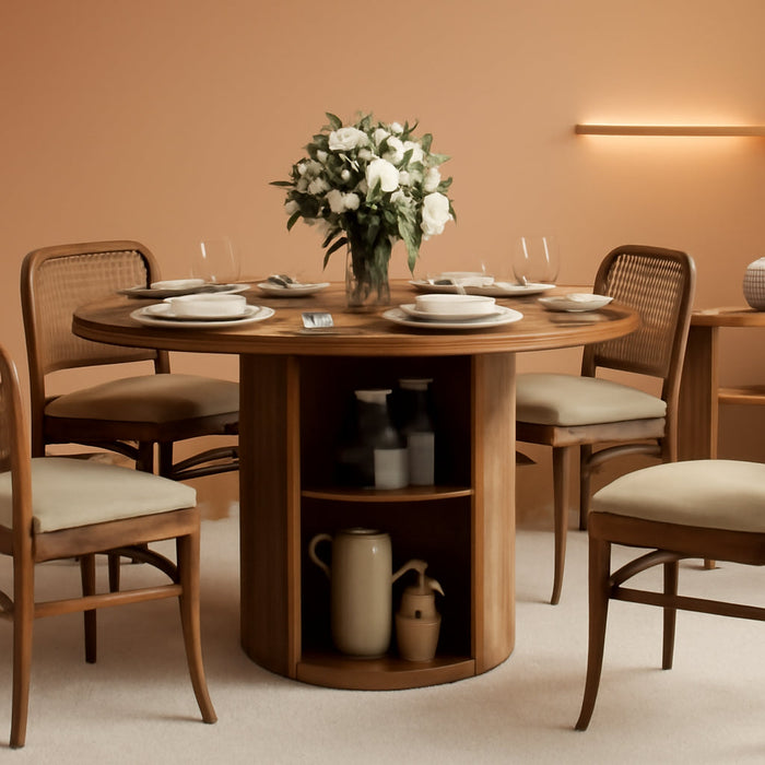 47 Inch round Dining Table for 4, Kitchen Table Dinner Table with 2-Layer Storage Shelf and Wood Slide Door for Home Dining Room Living Room (Walnut)