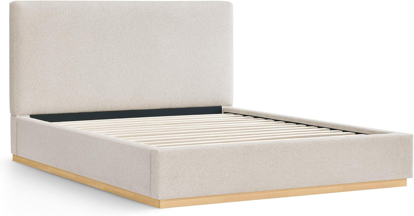 Upholstered Queen Size Bed Frame, Boucle Fabric Platform Bed Mattress Foundation Noise-Free No Box Spring Needed Easy Assembly