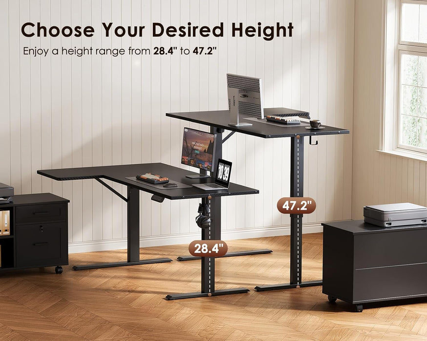 55" L Shaped Standing Desk with Cabinet Sets, Carbon Fiber Black