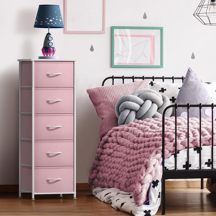 Fabric Dresser for Kids Bedroom - Chest of 5 Drawers, Tall Storage Tower, Clothing Organizer, for Closet, for Playroom, for Nursery, Steel Frame, Fabric Bins - Wood Handle (Pink)