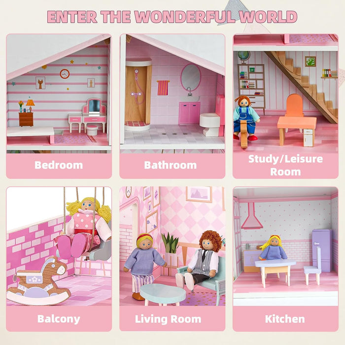 Wooden Dolls House for Toddlers Aged 3–5: Complete Set with Furniture, 4 Family Member Dolls, and a Pet Dog – Villa-Style Design for Indoor Play. Ideal Dollhouses for Children Aged 3 to 8