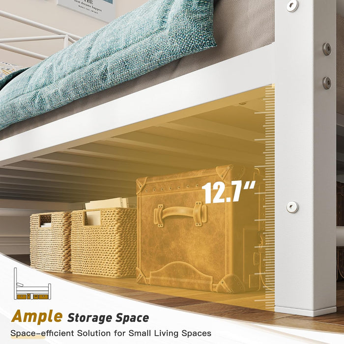 54" Metal King Bed Frame with Tall Headboard & Footboard, LED Light King Bed Frame, Strong Metal Slats Support and Noise-Free Design with under Bed Storage/No Box Spring Needed/White