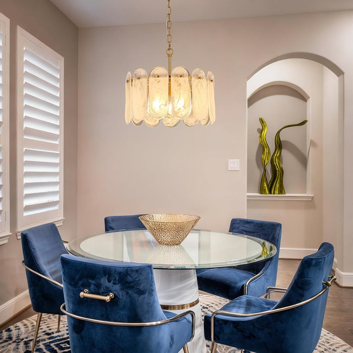 Modern Gold Chandelier, 18.3’’ Luxury Glass Chandelier for Dining Room Clound Glass 3-Light Drum Pendant Light Fixture for Bedroom Kitchen Island Entryway