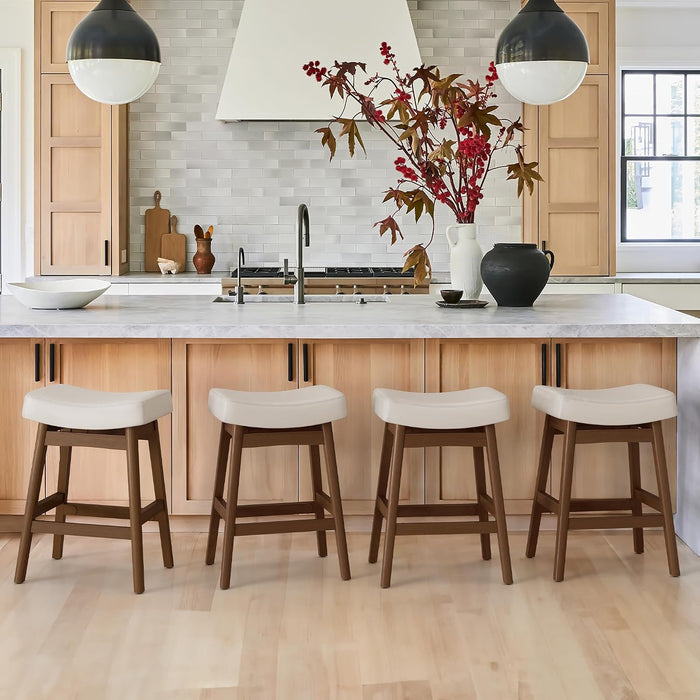 Bar Stools Set of 4, Barstools with Sturdy Wood Legs, Saddle Seat Counter Height Bar Stools for Kitchen Counter, Bar, Dining, 24 Inch Farmhouse Counter Stools, Antique White Leather