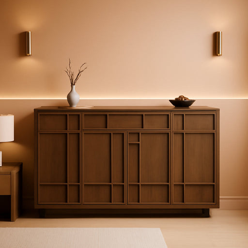 Buffet Cabinet with Storage Drawer & Built-In Lights, 55" Wood Sideboard | Credenza Storage Cabinet with 4 Doors, Coffee Bar for Kitchen, Living Room, Mid Century Modern Style, Skeleton Lines, Walnut