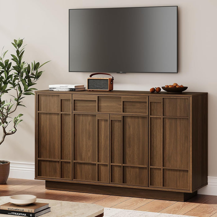 Buffet Cabinet with Storage Drawer & Built-In Lights, 55" Wood Sideboard | Credenza Storage Cabinet with 4 Doors, Coffee Bar for Kitchen, Living Room, Mid Century Modern Style, Skeleton Lines, Walnut