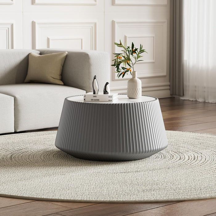 Grey round Coffee Table with Sintered Stone Tabletop, 26.77" Drum Coffee Table with Fluted PU Leather Covered and Stable Base, Circle Cocktail Tea Table for Living Room