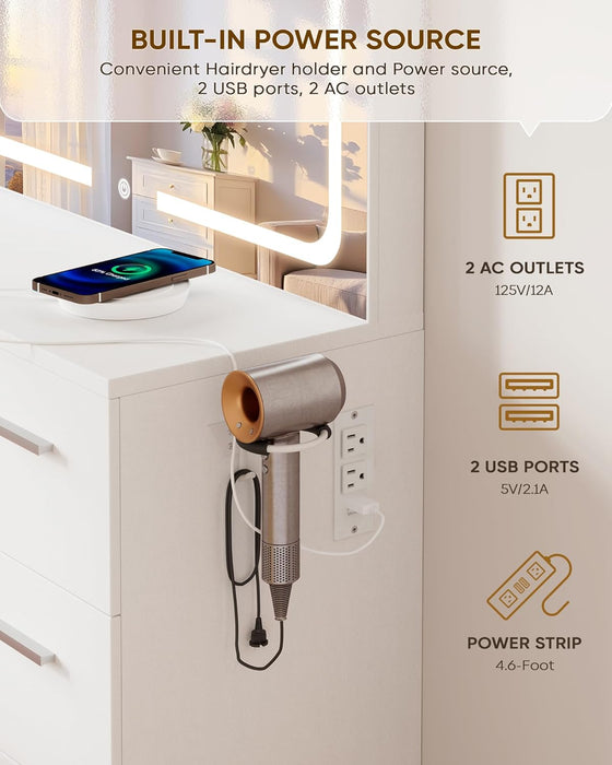 Makeup Vanity Desk Set, White, 35.4“W X 15.7" D X 53.9" H (Large Smart LED Mirror, with Cushion Stool, Hairdryer Rack, Power-Outlet, 4 Drawers)