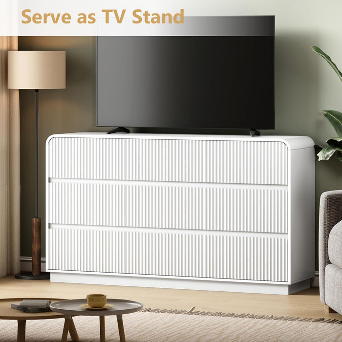 White Dresser Fluted 9 Drawers Dresser for Bedroom, 59" Wide Wood Chest of Drawers with Hidden Handles & Rounded Corners, Modern TV Stand Storage Cabinet for Living Room, Hallway, Entryway