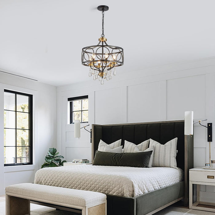 Crystal Chandeliers for Dining Room,17.7" Black and Gold 6 Lights Hanging Pendant Lighting Fixture Metal Farmhouse Chandelier for Kitchen Island Entryway Living Room