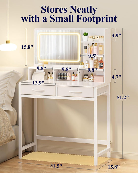 Small Makeup Vanity with Lights, Open Shelves, Fabric Drawers | Bedroom, Gifting, 3 Lighting Modes, Stable Frame, 31.5" X 15.8" X 51.2"
