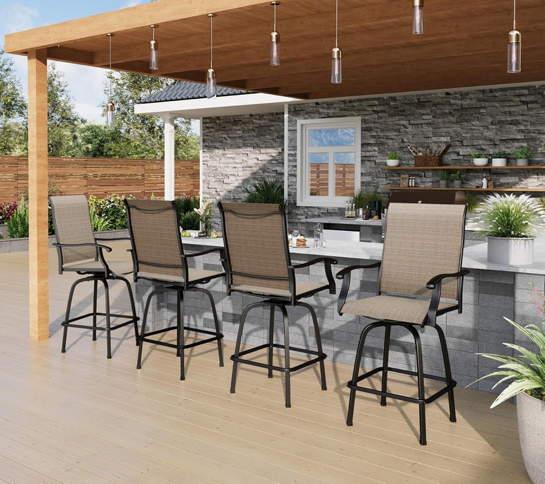 Outdoor Bar Stools Set of 4, Swivel Patio Bar Stools & Chairs with 30" Seat Height & Brown Textilene Backrest, Tall Outdoor Chairs Bar Funiture for Outside, Porch and Yard