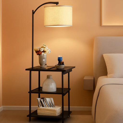 Floor Lamp with Table, End Tables with Charging Station(Usb & Type-C & AC Port), 3 Color Temperatures 9W LED Bulb, Modern Shelves Side Table for Bedroom, Living Room