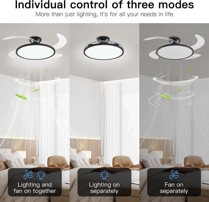 Retractable Ceiling Fan with Lights Remote Control,42'' Low Profile Ceiling Fan with Retractable Blades,Dimmable Full Spectrum,Modern Fandelier for Living Room Dinning Room Bedroom,Black