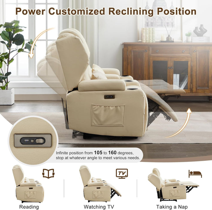 RV Power Loveseat Recliner Sofa, Leathaire Fabric 3-Seater Wall Hugger Reclining Sofa, Home Theater Seating Chair with Cup Holders, 3 Person Couch RV Furniture for Living Room, Beige