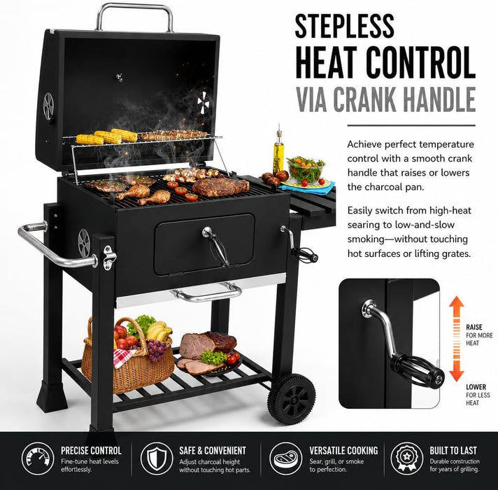 Charcoal Grill Outdoor BBQ Smoker with Height-Adjustable Charcoal Pan Crank Handle, Large Barrel Barbecue Grill with Front Access Door, Foldable Side Table & Removable Ash Tray for Backyard Garden