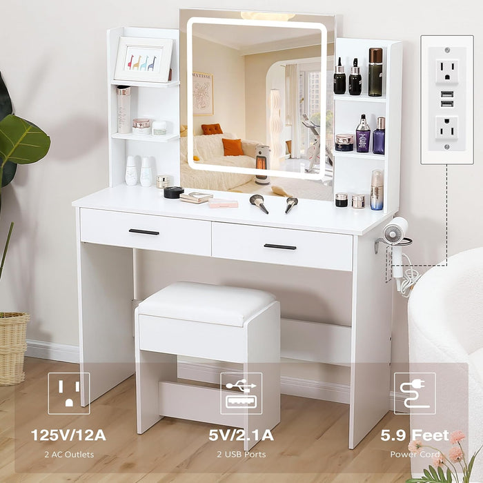 Small Vanity Desk with Mirror and Lights, Makeup Vanity with 2 Large Drawers and Stool, White Dressing Table for Girls Bedroom