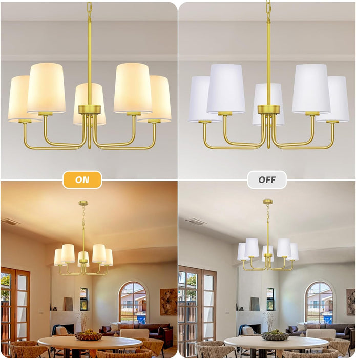 Farmhouse Chandelier, 5-Light Gold Chandelier with White Fabric Shade, Height Adjustable Modern Dining Room Light Fixture with E26 Base for Bedroom Foyer Hallway Entryway Kitchen Living Room