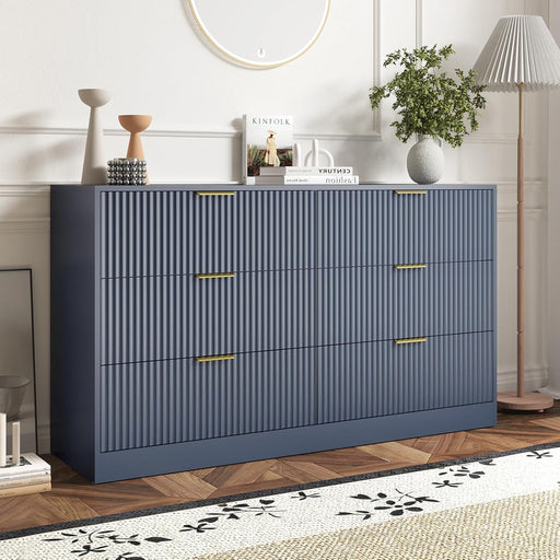 6 Drawer Fluted Dresser for the Bedroom, 55" Wide Wooden Dresser with Deep Drawers, Large Floor Chest of Drawers, Modern Long TV Stand, Storage Cabinet for Livingroom, Hallway, Blue