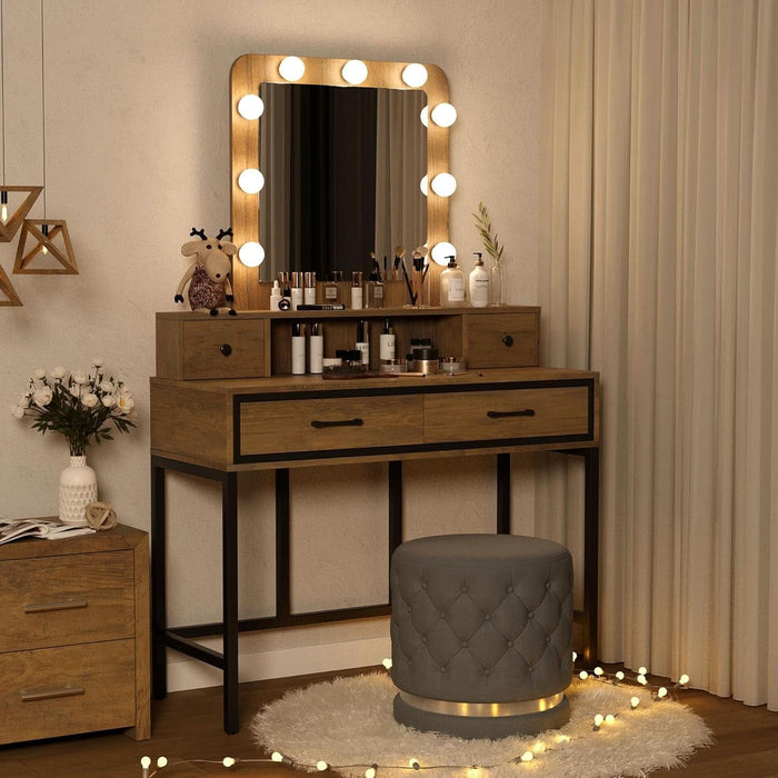 Vanity Desk with Mirror and Lights, Makeup Vanity with 3 Color Dimmable Lighted Hollywood Mirror, Brown Makeup Table with 4 Drawers, Large Dressing Table for Women Girls