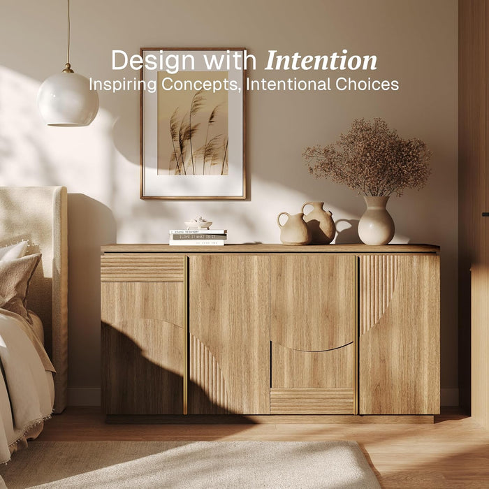 Sideboard Buffet Cabinet with Storage, 62 Inch Mid Century Modern Arched Wood Buffet Table, Versatile Credenza Console Table for Kitchen, Entryway, Dining Room, or Hallway