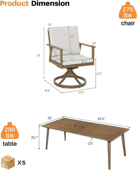 9 Pieces Patio Dining Set for 8, Outdoor Aluminum Dining Furniture Set with Umbrella Hole, All-Weather Outdoor Patio Table Sets with 8 Swivel Chairs and Table for Deck Backyard Poolside, Teak