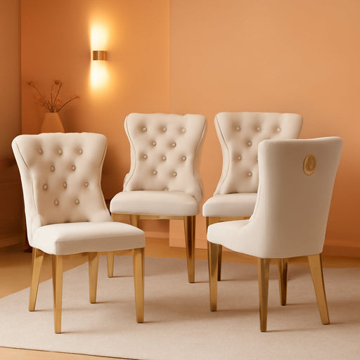 Velvet Upholstered Dining Chairs Set of 4, Modern Style Kitchen Side Chairs with Nailhead Trim and Gold Plated Leg, Metal Pulling Ring for Dining Room Living Room(Beige-Gold Plated Leg)
