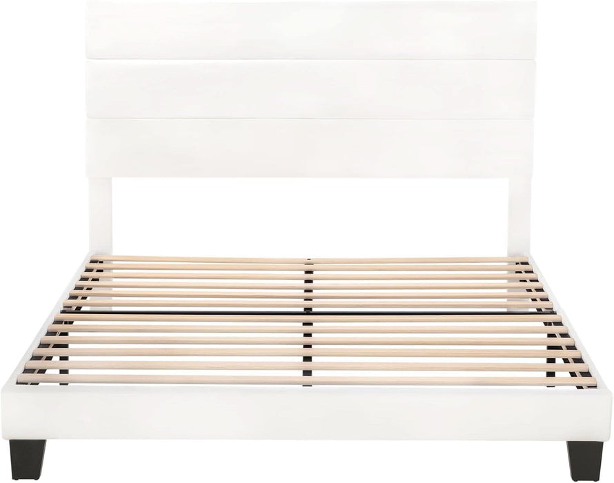 Full Platform Bed Frame with Velvet Upholstered Headboard, Mattress Foundation with Strong Wooden Slats Support, No Box Spring Needed, White