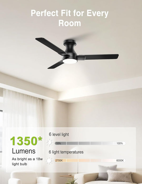 42 Inch Ceiling Fans with Lights,3 Blades,6Cct, Low Profile Ceiling Fan with Light and Remote Control,Ceiling Fan for Bedroom, Kitchen,Indoor/Outdoor Use,Flush Mount-Black
