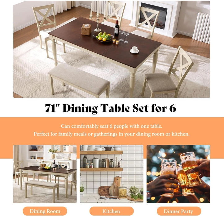 6-Piece Farmhouse Dining Table Set with 4 Upholstered Chairs and Bench, 71” Solid Wood Table, Seating for 6, for Dining Room or Kitchen, Rustic White & Walnut Finish
