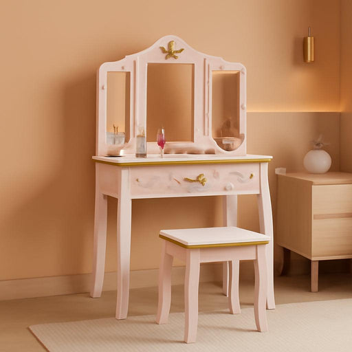 Kids Vanity Set with Mirror and Stool, Kids Make up Vanity Desk with Mirrror for Little Girls, Children Makeup Dressing Table with Drawer, Pink
