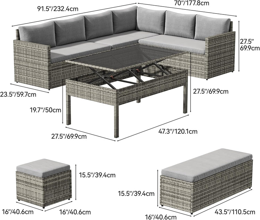 L-Shaped Outdoor Sectional Sofa Set with Adjustable Lift-Top Dining Table, All-Weather Wicker Patio Furniture, Ottoman & Tempered Glass Top, Gray Gradient