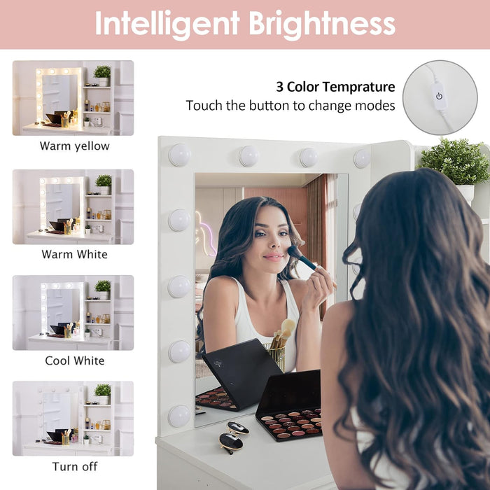 Makeup Vanity with Lights, 37Inch Vanity Desk with Power Strip, 4 Drawers Makeup Table with Lighted Mirror, 3 Lighting Colors, White
